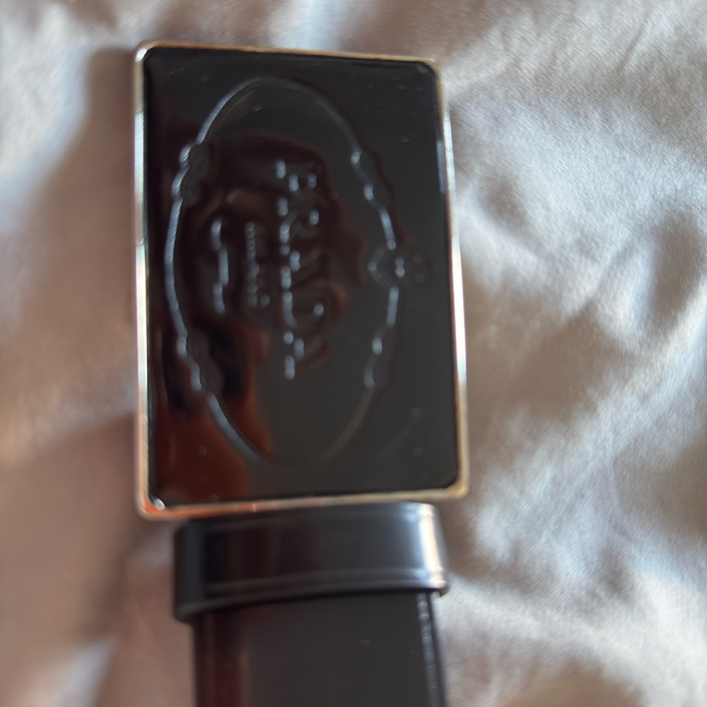 Prada Black Leather Belt with Glossy Embossed Rectangular Buckle